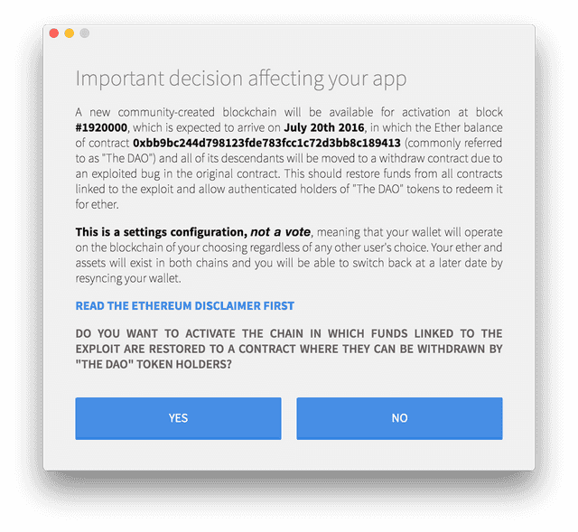 イーサリアム財団のMist Walletは、どのフォークを使用するかをユーザーに尋ねました